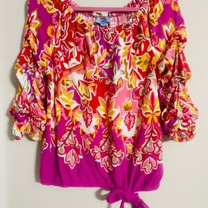 CeCe Floral Puff Sleeve Blouse Women’s Medium Tie Hem Linen Blend Tropical Boho